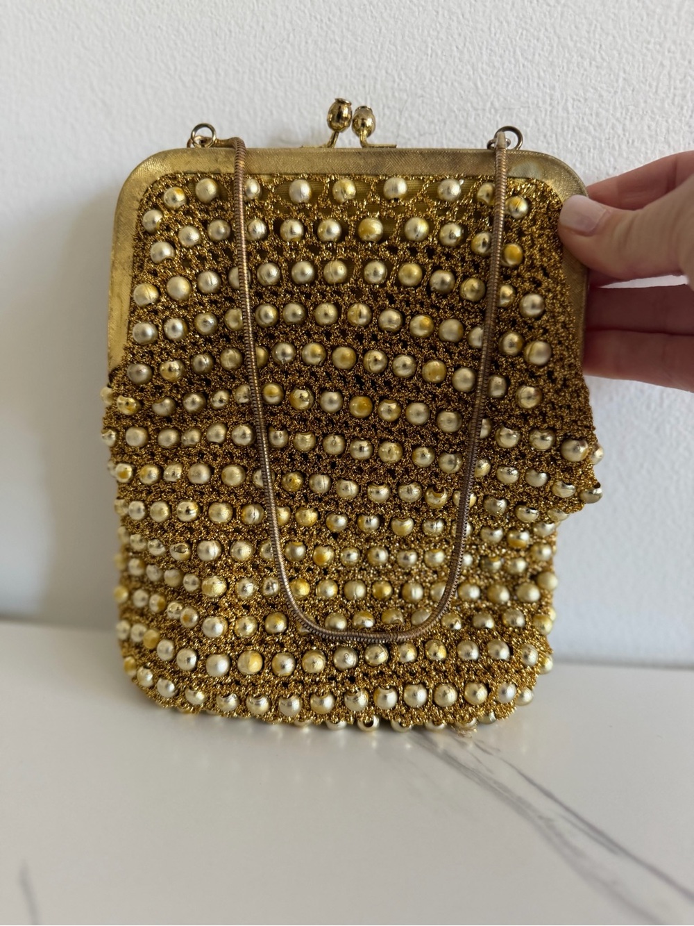 VINTAGE Gold Beaded Evening Bag with Pearl Accents